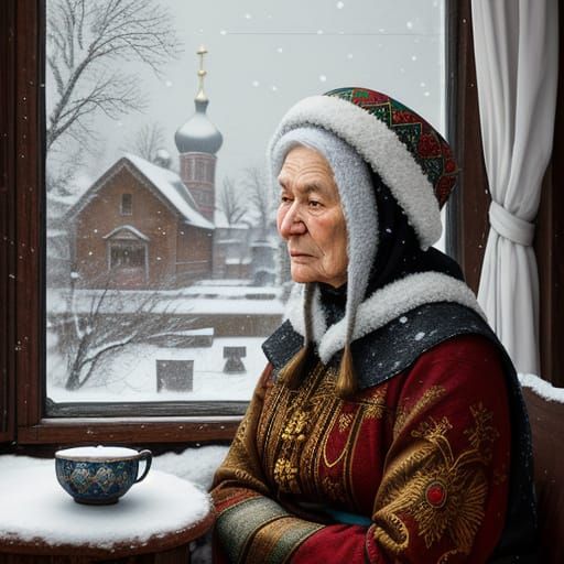 A Traditional Russian Widow's Cozy Moment, Golden Icons and ...