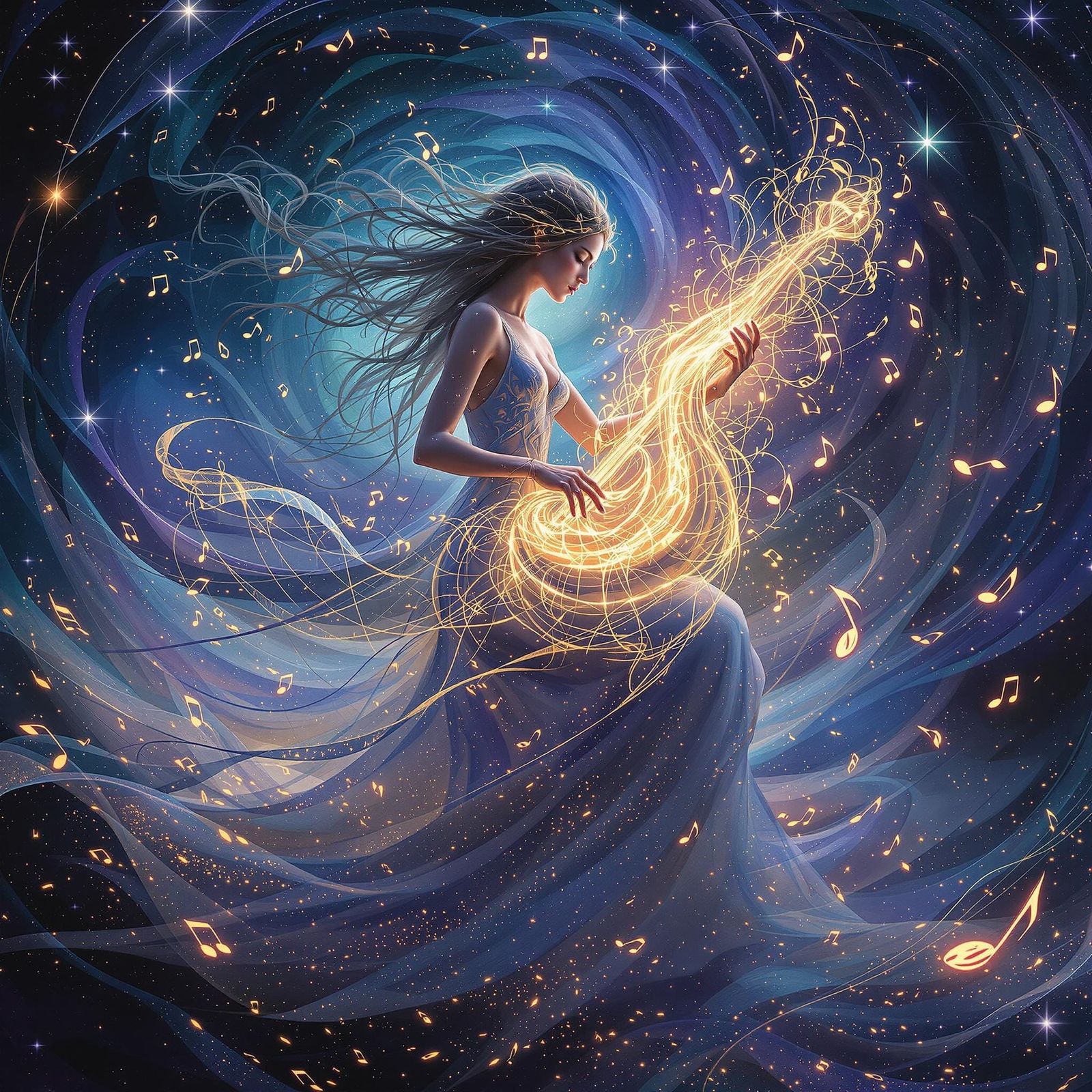 Surreal Goddess Plays Cosmic Instrument Amidst Whirling Musi...
