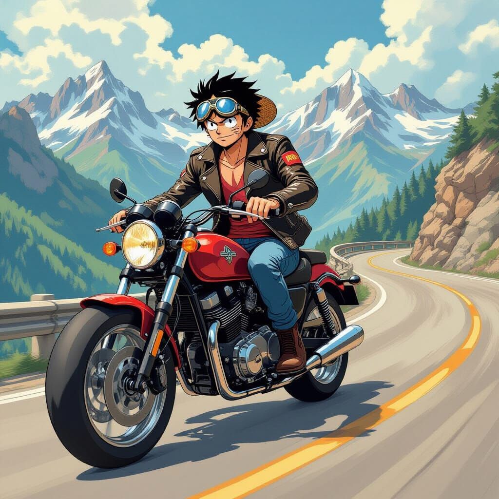 Luffy Rides Motorbike in Eiichiro Oda Manga Style