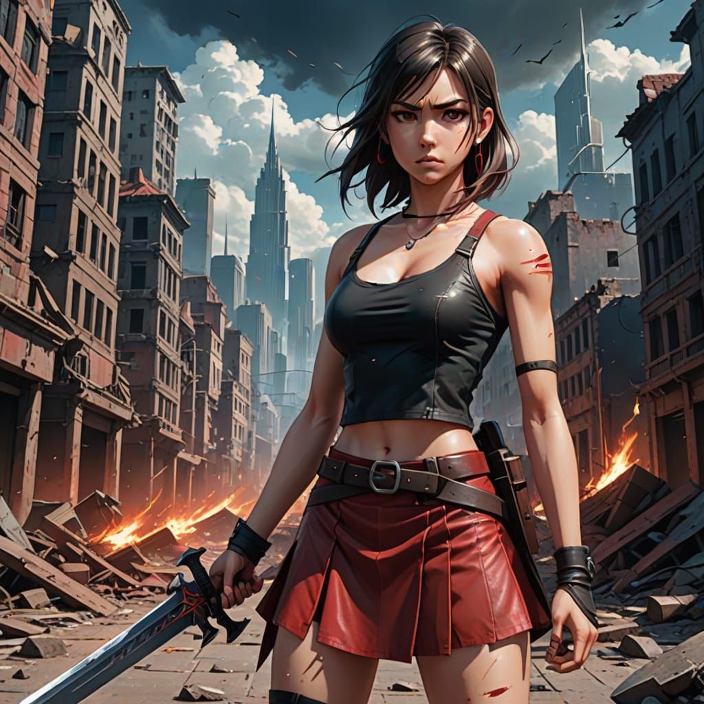 Warrior Woman in Ruined City, Anime Style