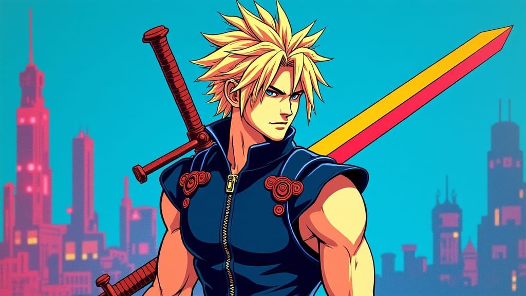Cloud Strife in Warhol-Inspired Pop Art Style