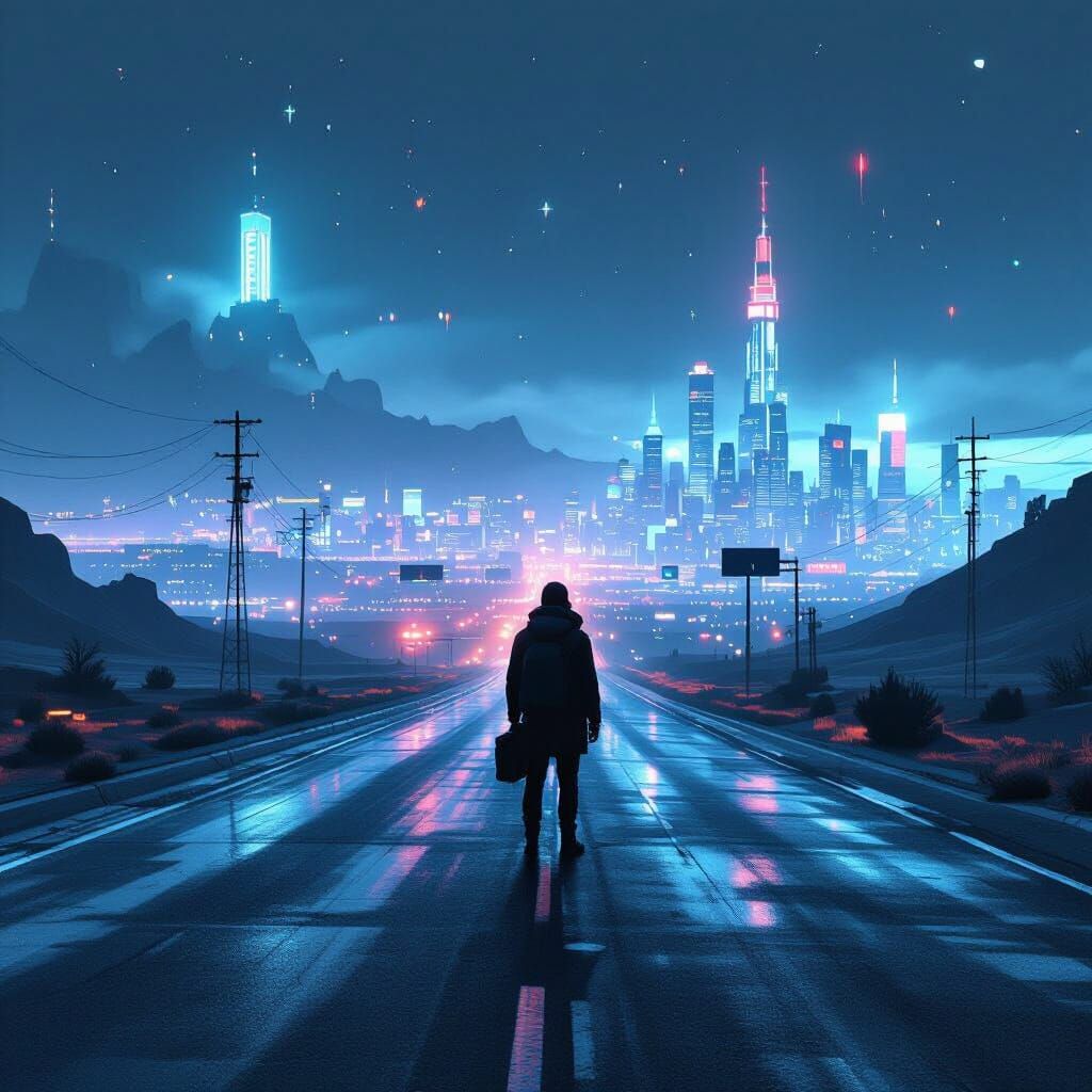 Deserted Highway with City Lights in Cyberpunk Noir