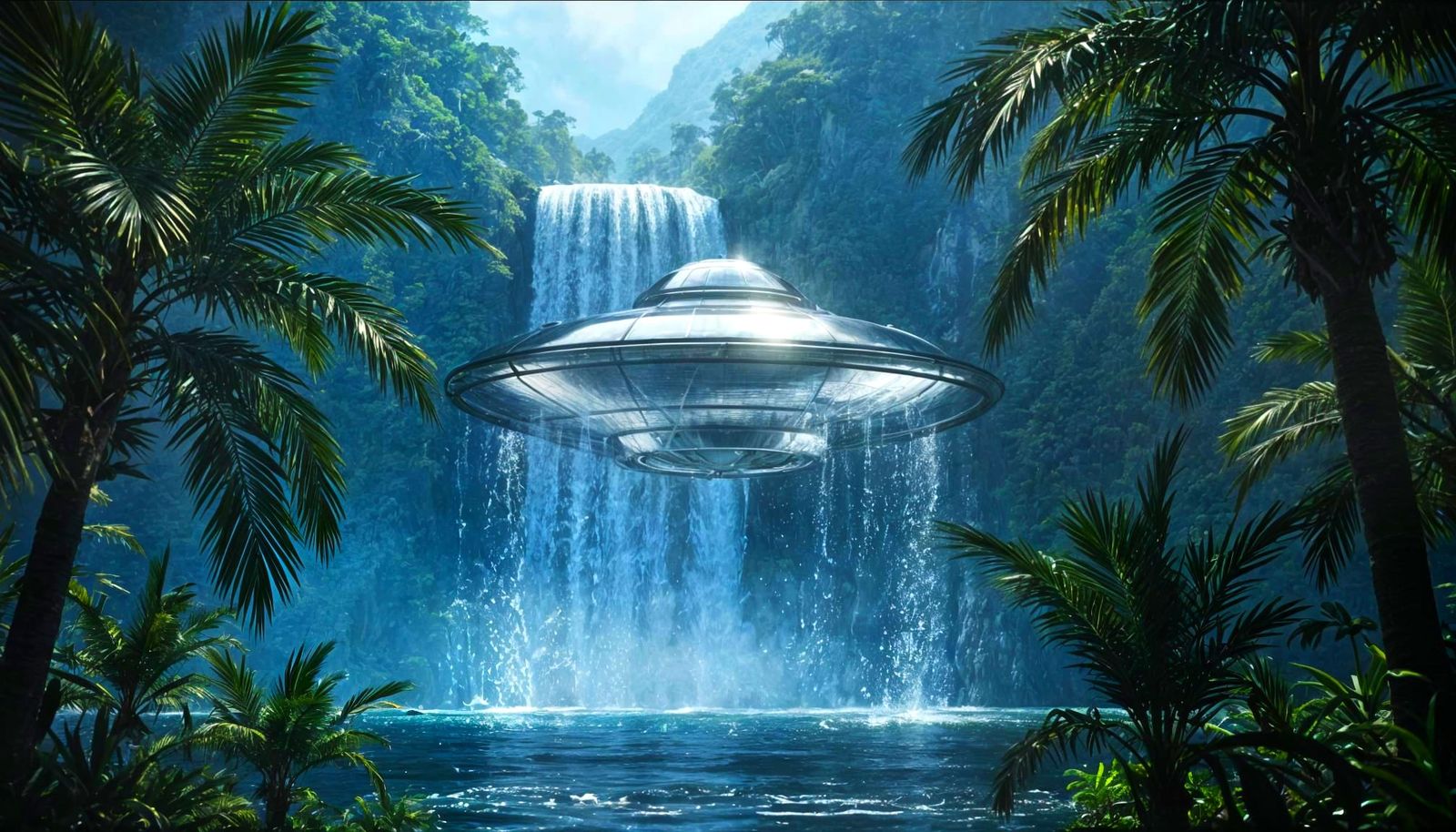 Chromium UFO Emerges From Misty Waterfall