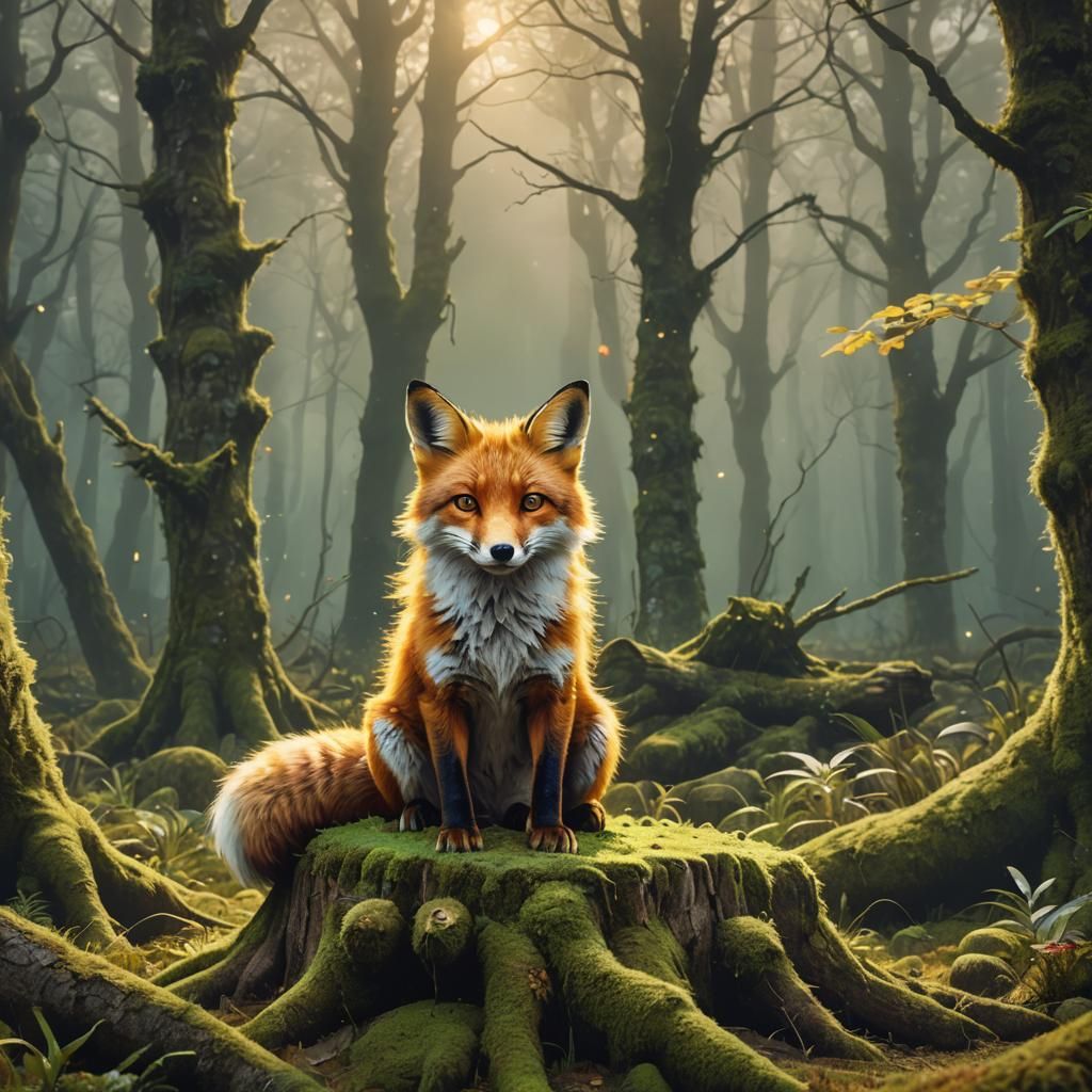 Fox in Misty Forest, Takashi Murakami Inspired Digital Art