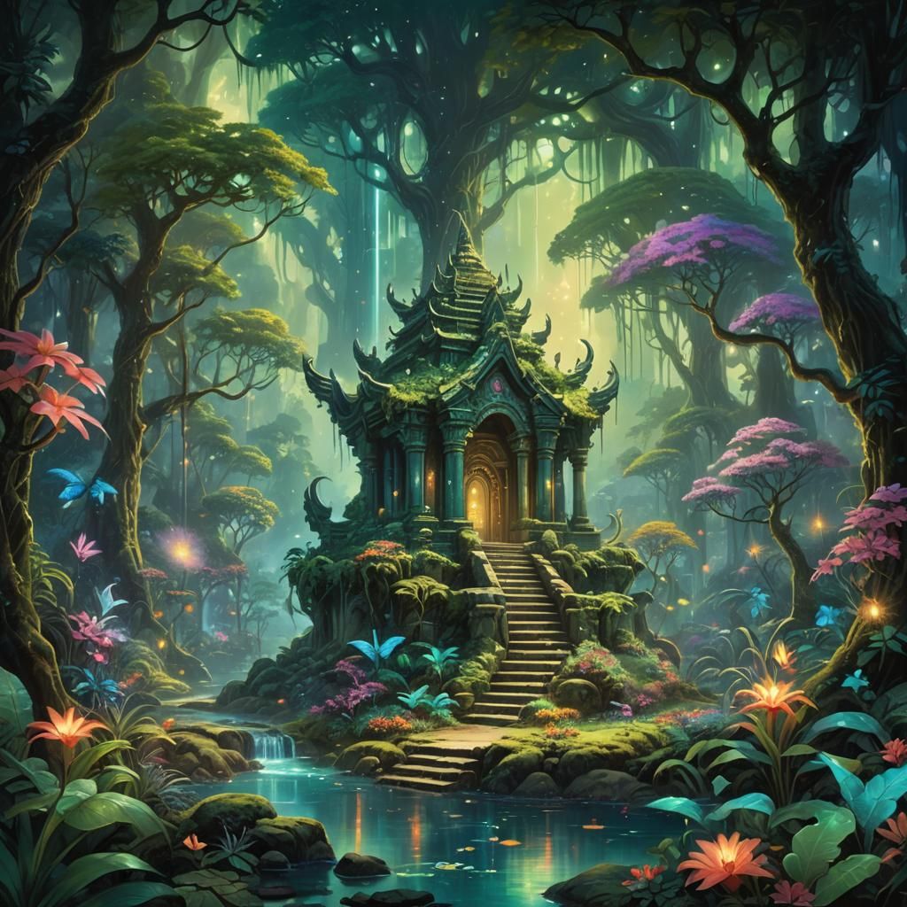 Bioluminescent Jungle Temple with Four-Winged Birds