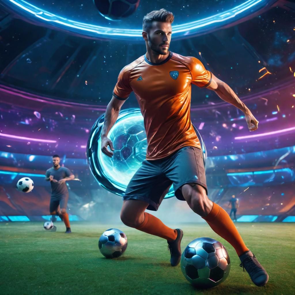 A handsome soccer player playing on a cosmic pitch, muscular frame, kicking a ball of futuristic design, action stance, ...