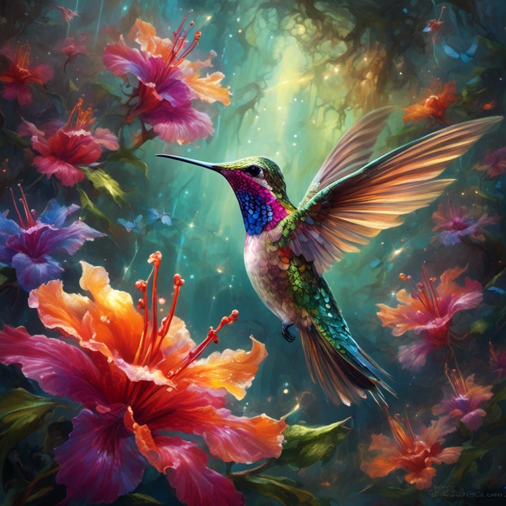 Hummingbird and Trumpet Flower with Fibre Optic Effects
