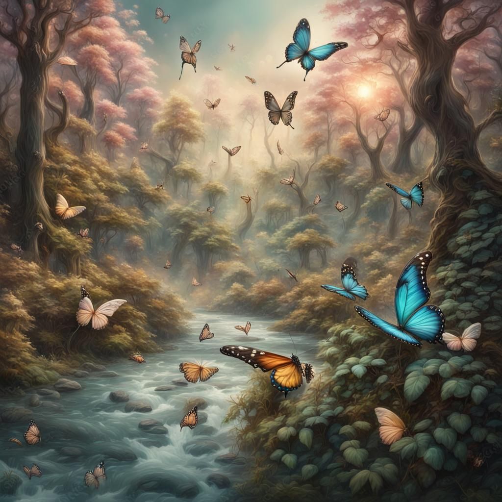 Pastel Elves and Butterflies in Forest Digital Painting