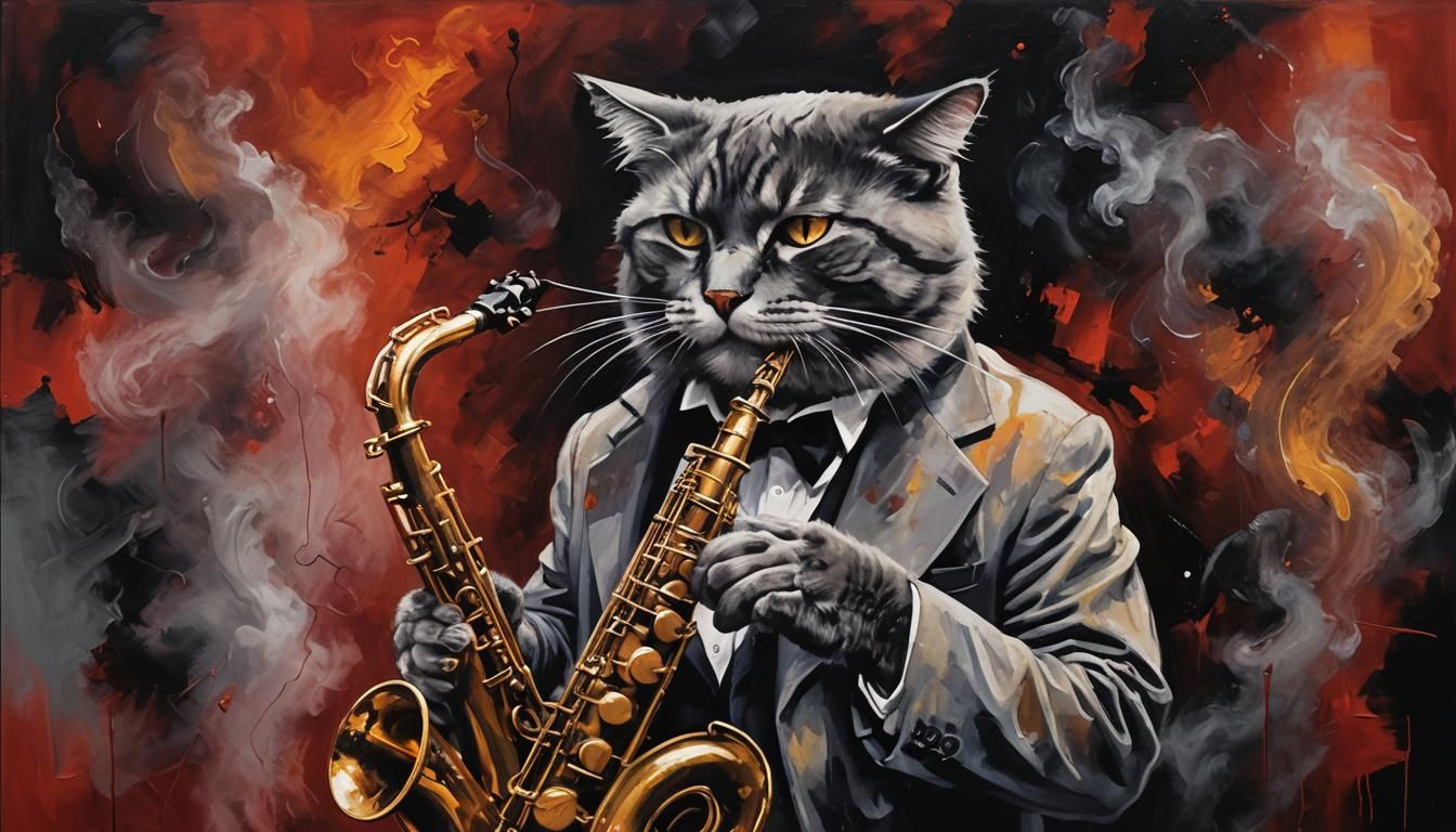 Cat Playing Saxophone in Smoky Jazz Club as Oil Painting