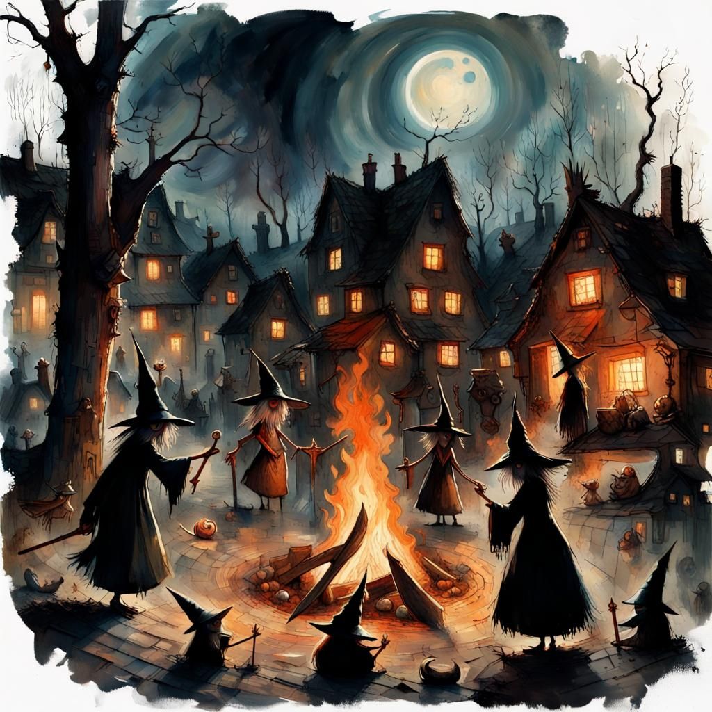 Dark Fantasy Village with Dancing Witches