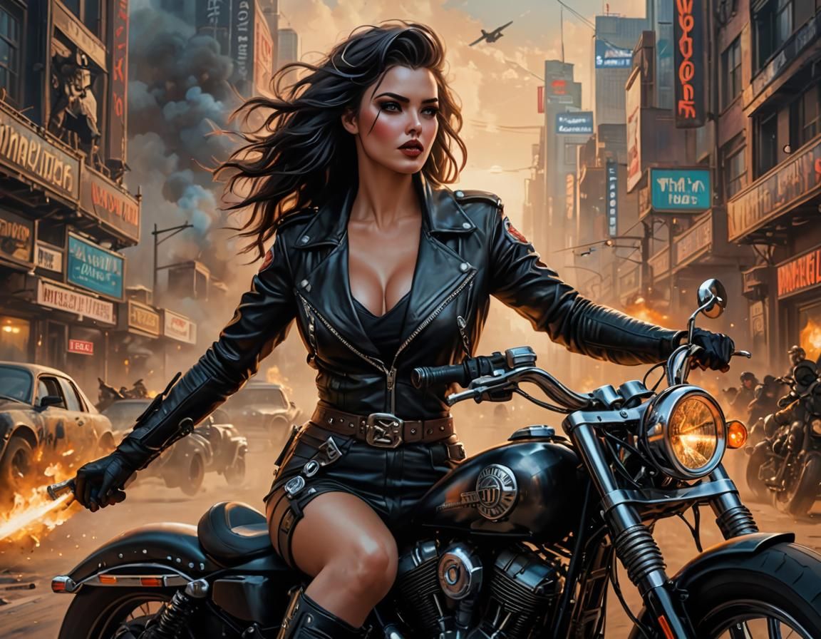 Mad Max Pinup on Harley, Detailed Digital Painting