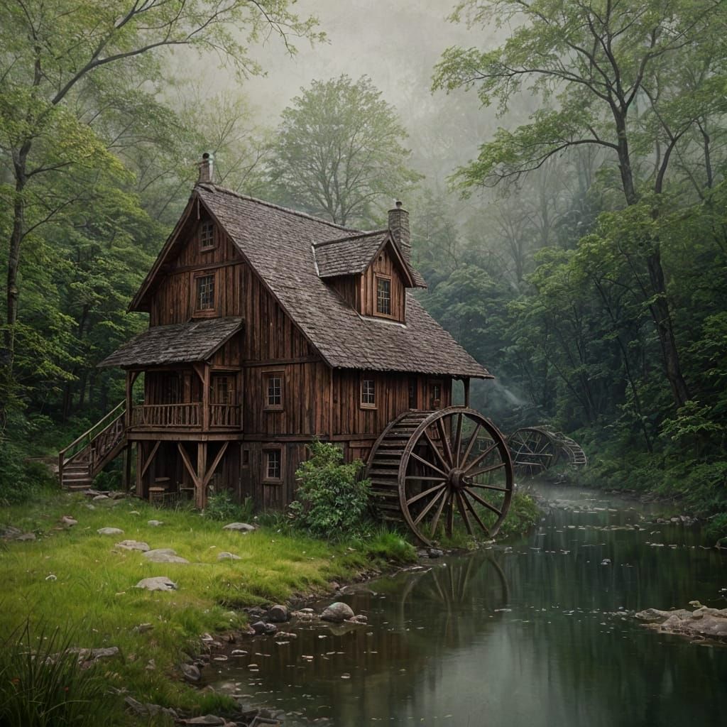 Enchanting Cottage and Water Mill: Ink Painting