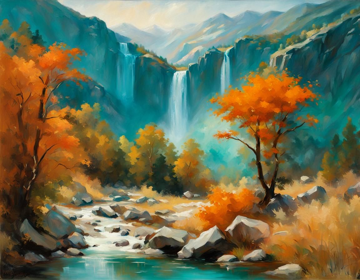Mystical Waterfalls Landscape in Oil Painting Style