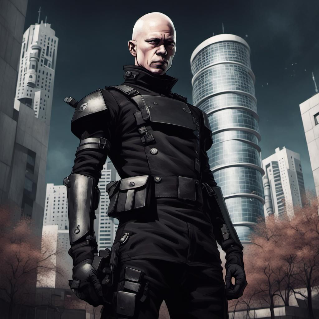 Cyberpunk Albino Soldier in Utopian Cityscape