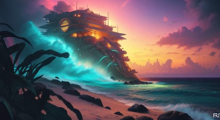 Tropical Cyberpunk Fortress on Beach, Impasto Painting