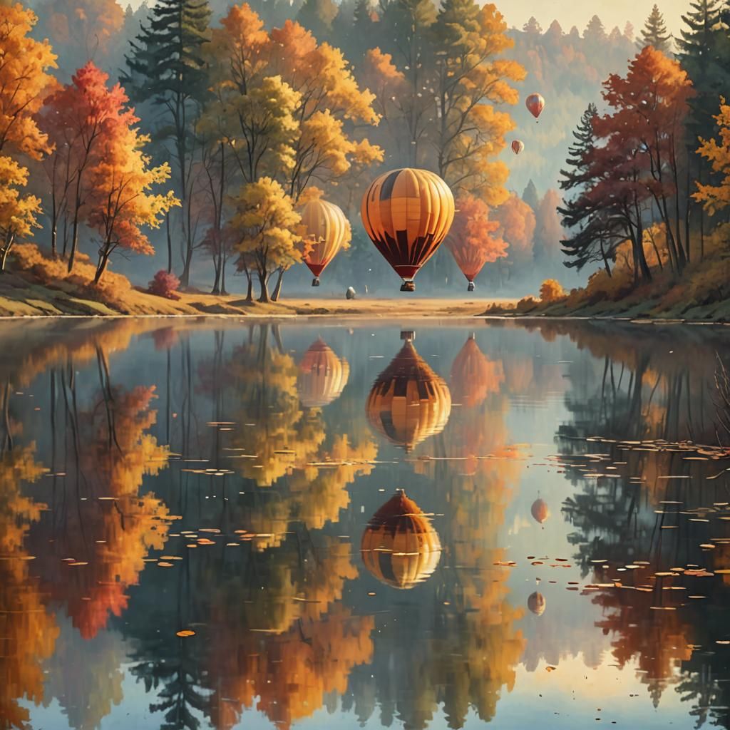 Hot Air Balloons Over Autumn Lake: Landscape Painting
