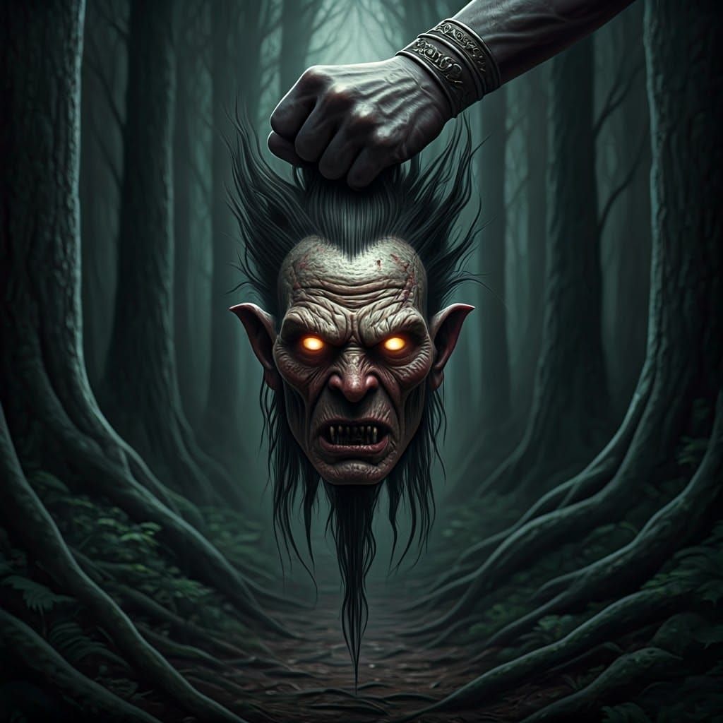 Dark Fantasy Portrait of a Troll Holding a Demonic Head in a...
