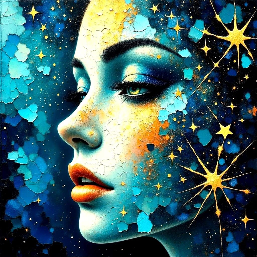 Cosmic Goddess Unveiled in Vibrant Starry Stipple