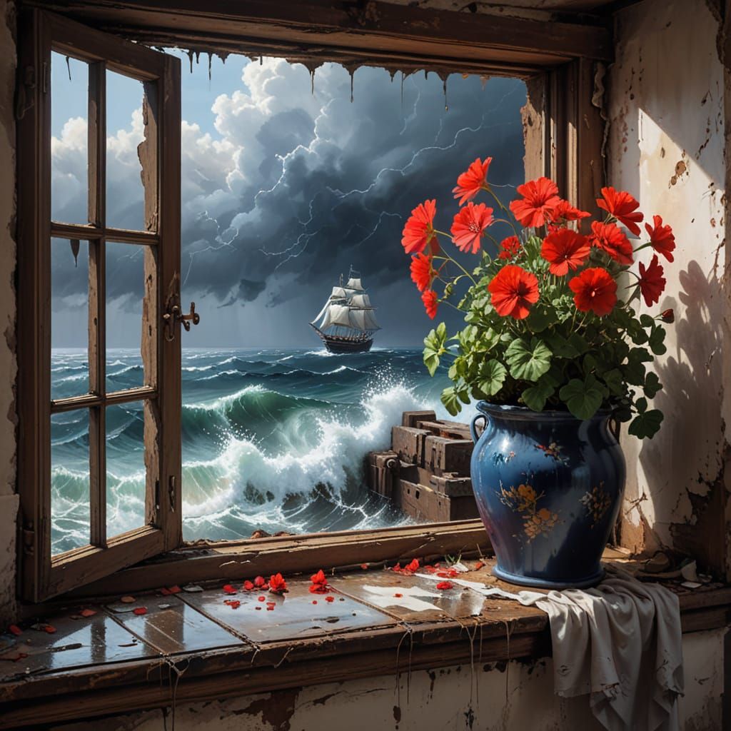 Stormy Seascape Through Rustic Window, Acrylic Painting