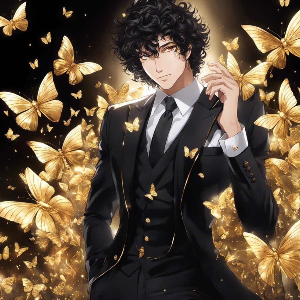 Handsome Man in Anime Style with Gold Butterflies