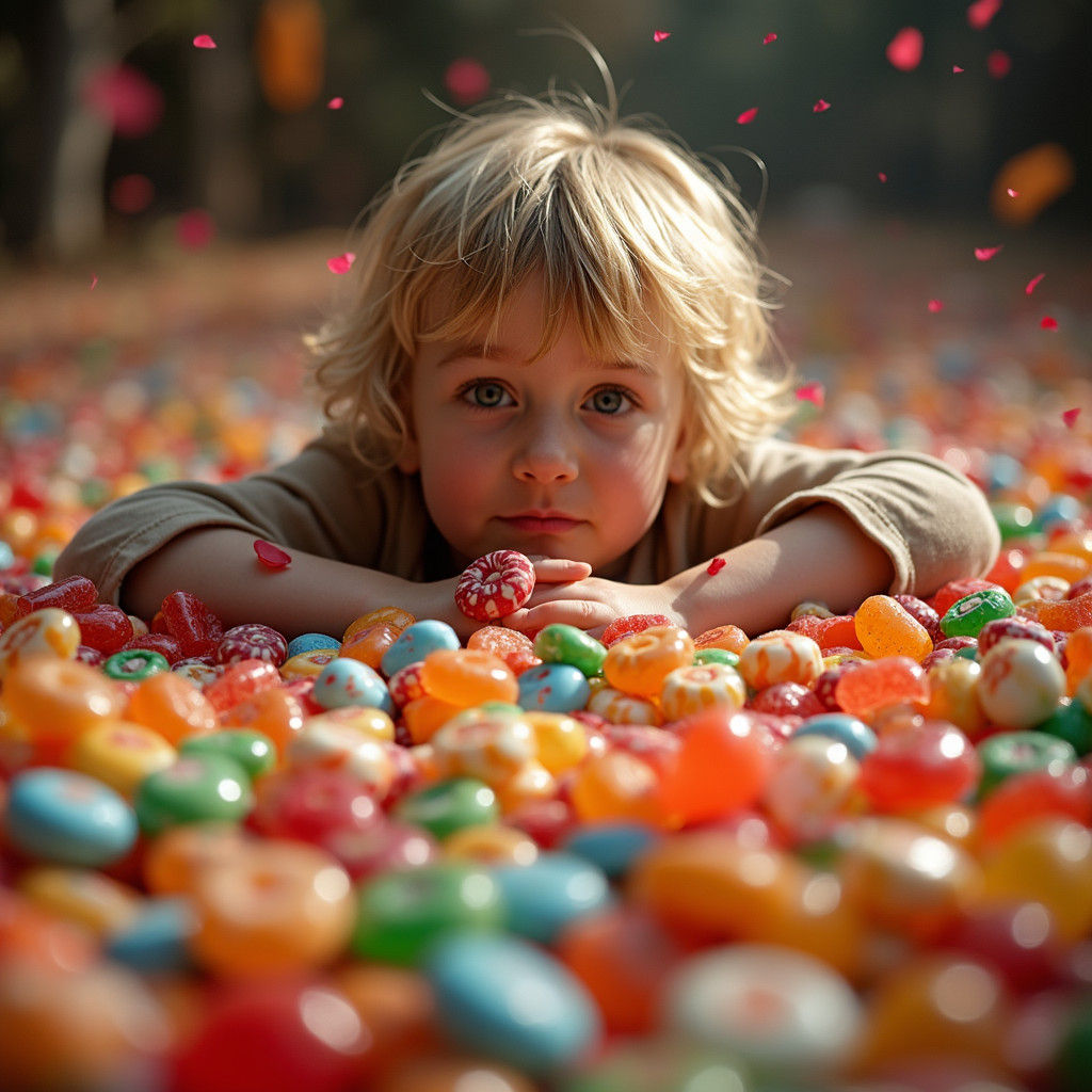 Child Overwhelmed by Mountains of Candy