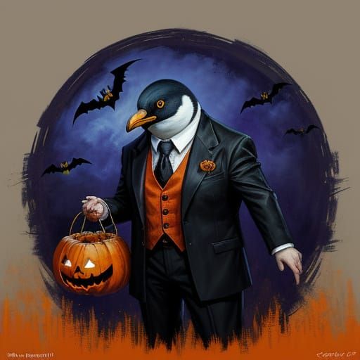 Penguin in Demoniac Halloween Suit with Pumpkin Basket