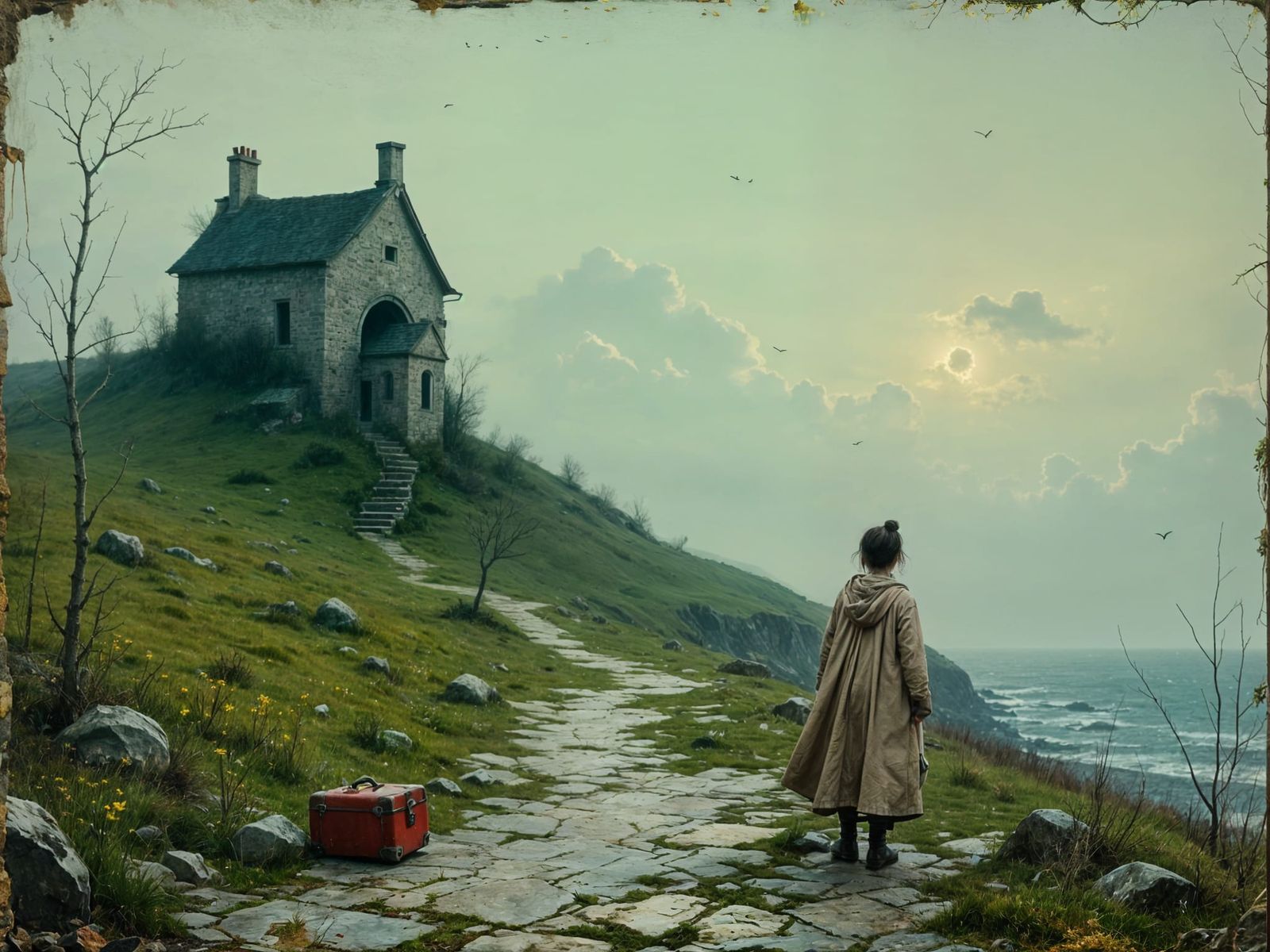 Windswept Coastal Village in Twilight, Painterly Style