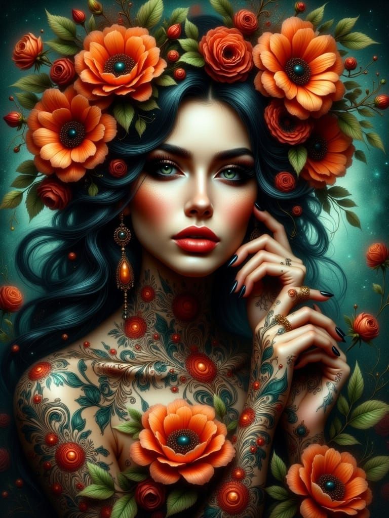 Henna Tattoos and Flowers in Oil Painting Style