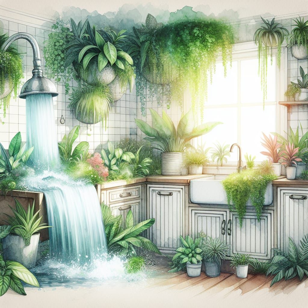 Whimsical Kitchen Waterfall Houseplant Jungle in Watercolor ...