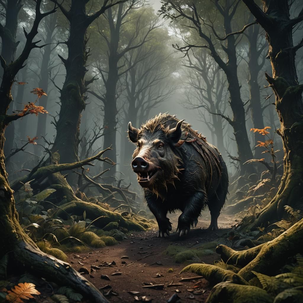 Terrifying Boar in Dark Forest: Fantasy Concept Art