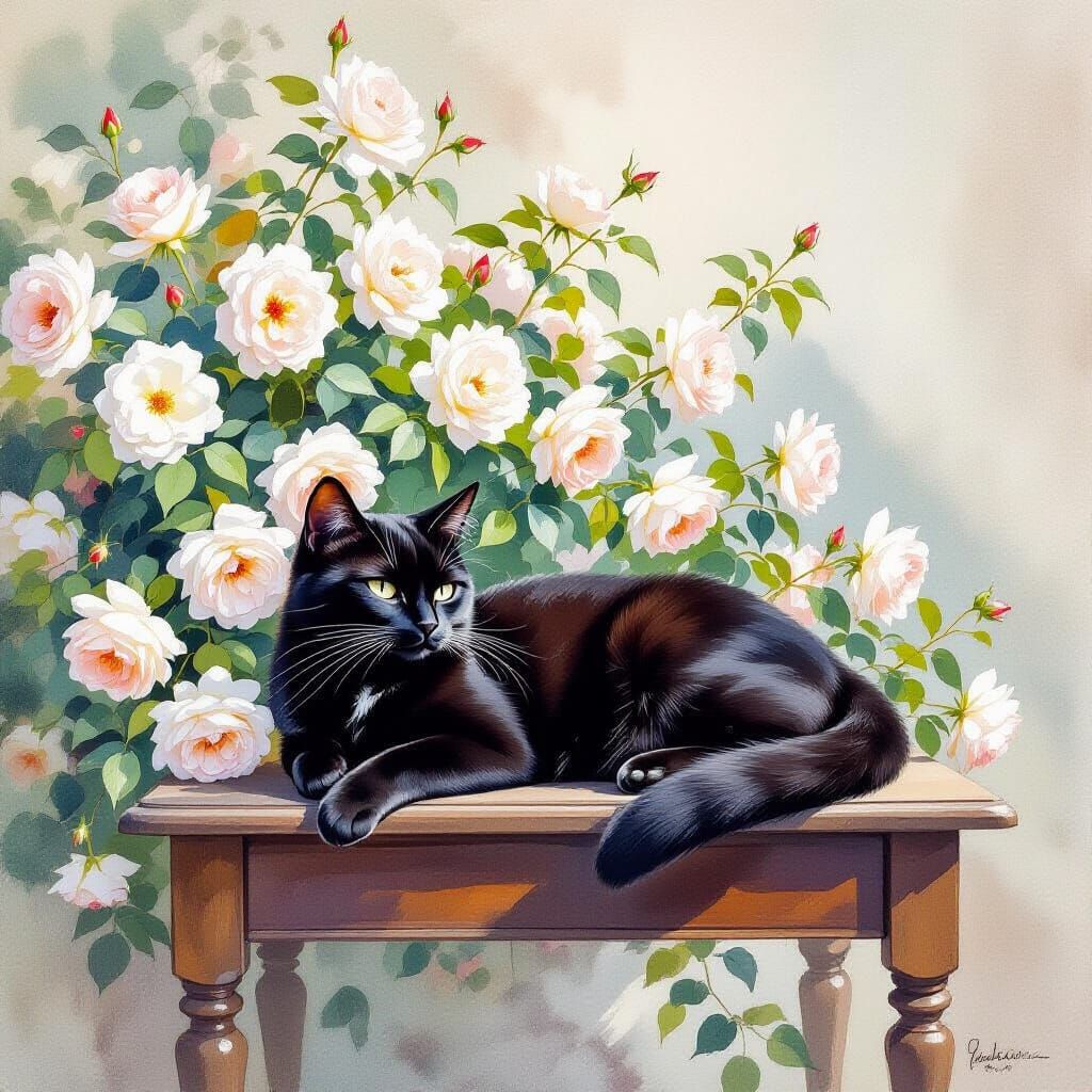 Black Cat with White Roses in Watercolor Style