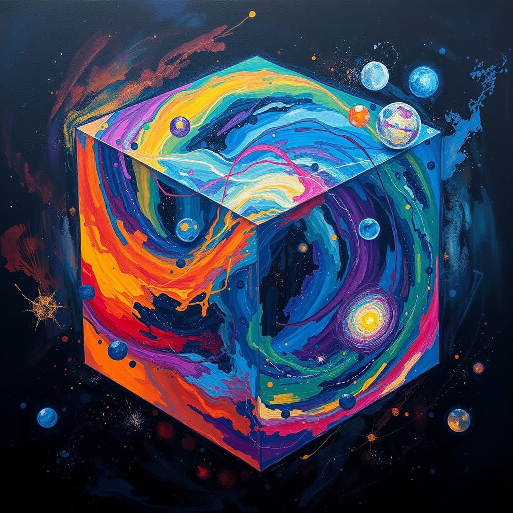 Ethereal Cosmic Cube in 19th-Century Impasto Style