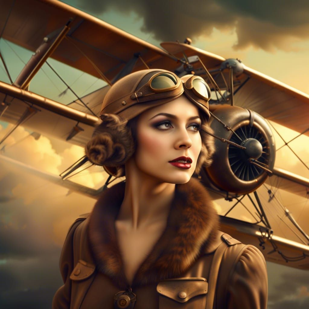 WWI Pinup Girl with Biplane: Digital Matte Painting