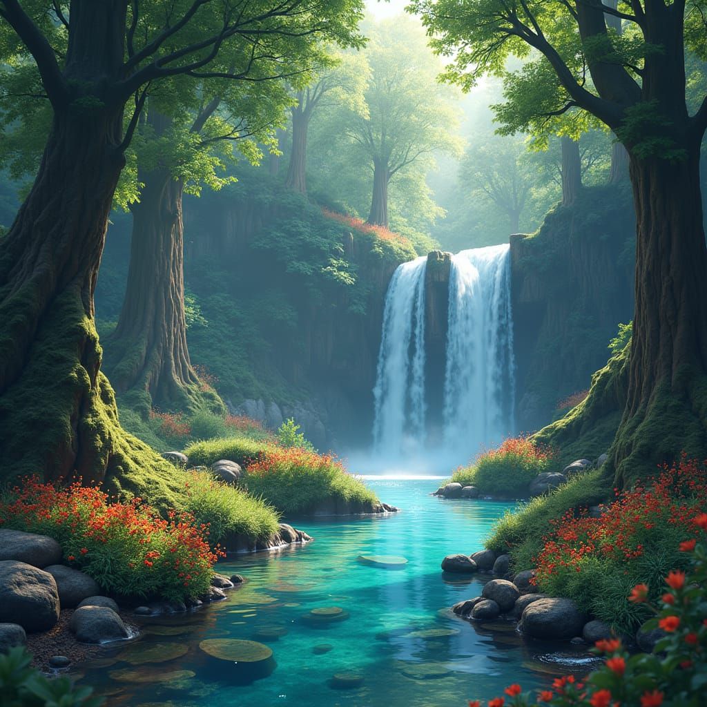 Fairytale Forest Waterfall in Detailed Matte Painting Style