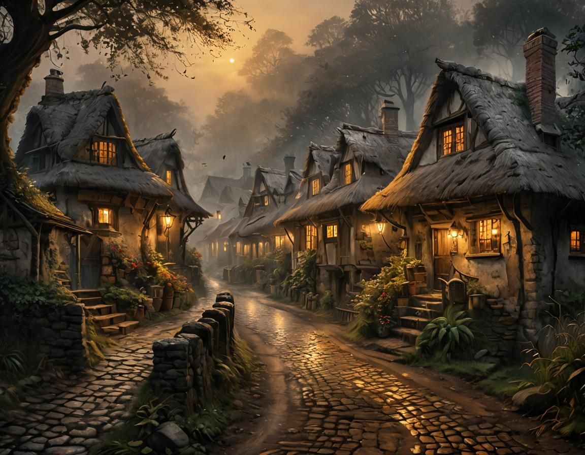 Rustic Village Acrylic Painting with Morning Mist