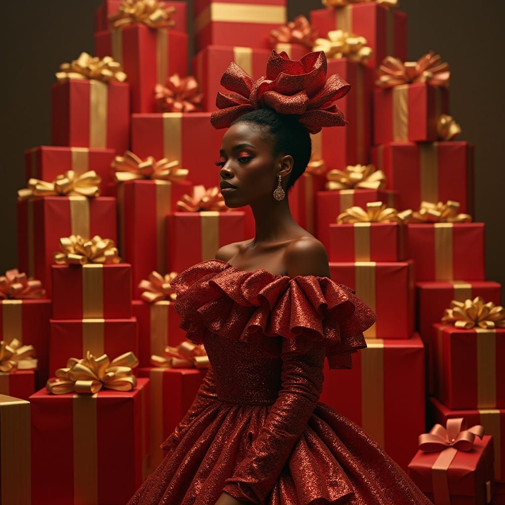 A Goddess of Christmas Gift Giving in Opulent Red and Gold