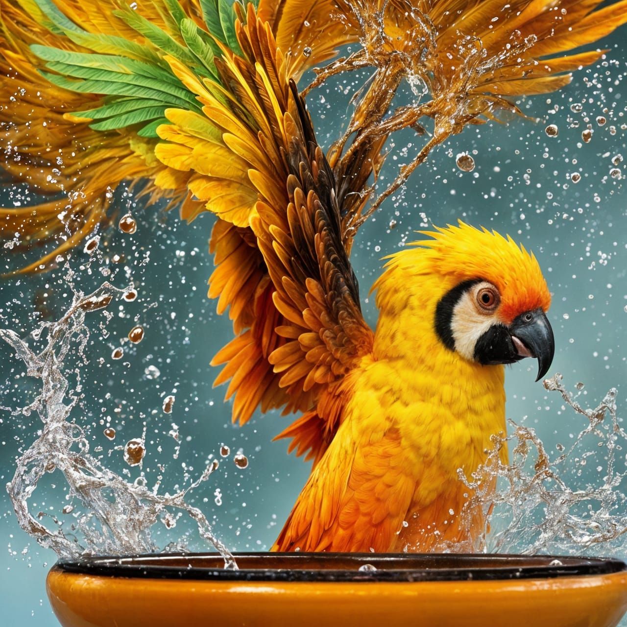 Sun Conure Splashing: Detailed Bird Portrait
