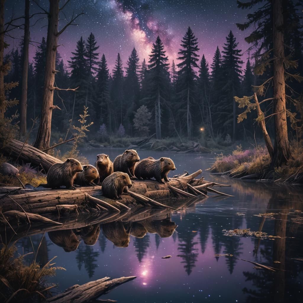 Beavers Building Dam Under Starry Night Sky