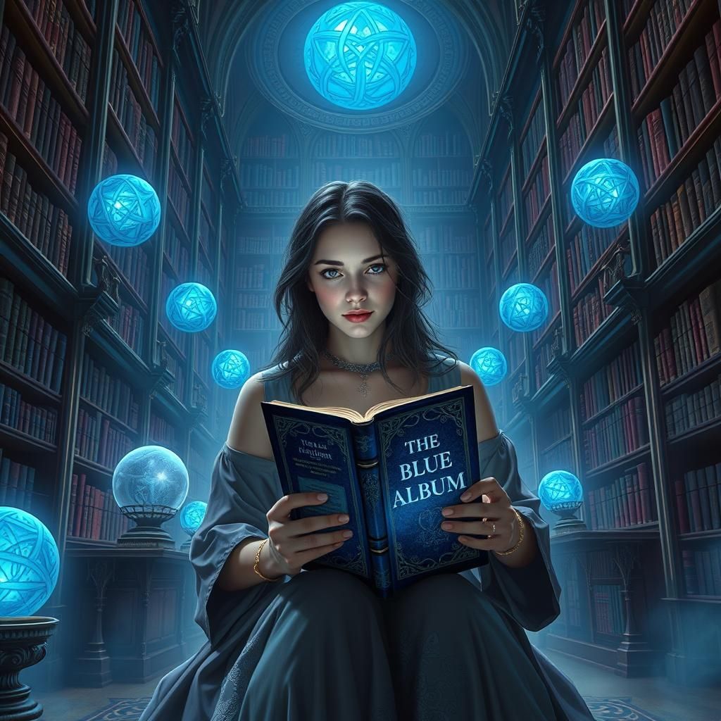 Woman Reading Ancient Tome in Magical Library