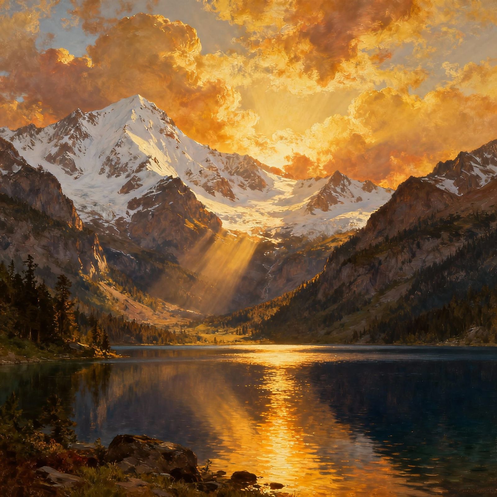 Majestic Mountain Landscape Painting at Golden Hour