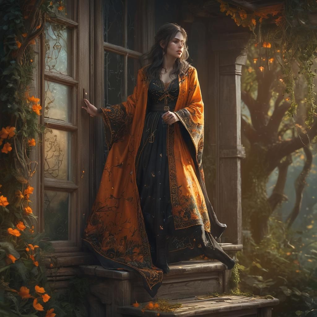 Young Witch and Black Cat in Fantasy Art Nouveau