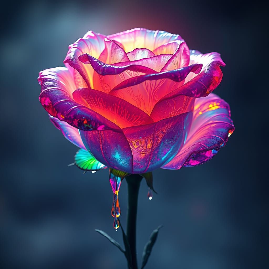 Ethereal Crystal Rose Radiates Rainbow Aura in Dreamlike Amb...