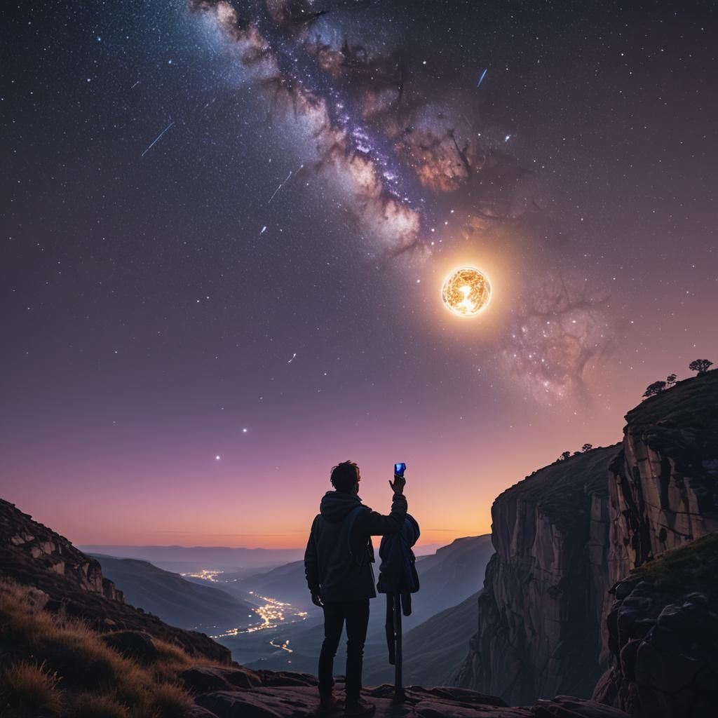 Person with Glowing Orb Overlooking Starry Night