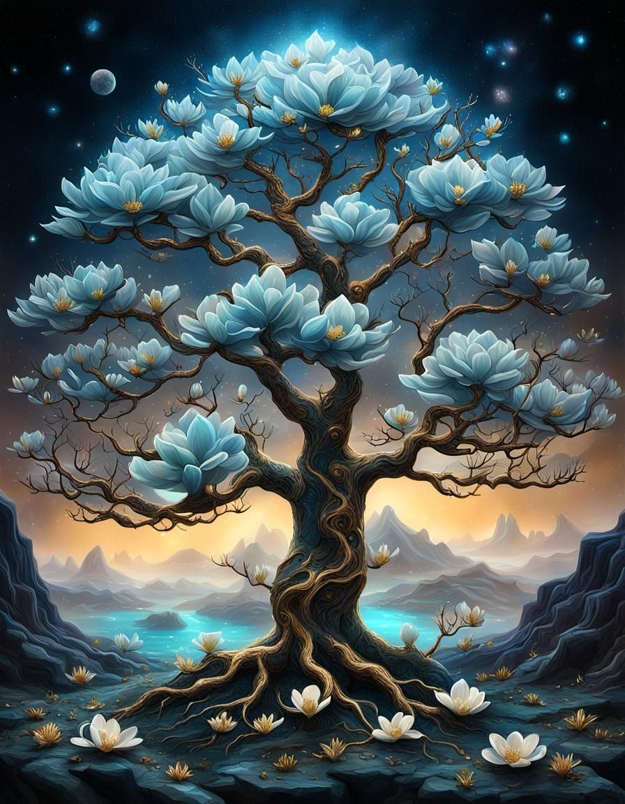 Cosmic Magnolia Tree with Bioluminescent Crystals
