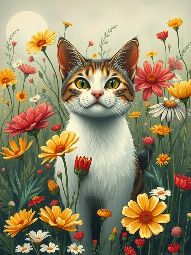 Cat in Flower Meadow Inspired by Classic Illustration