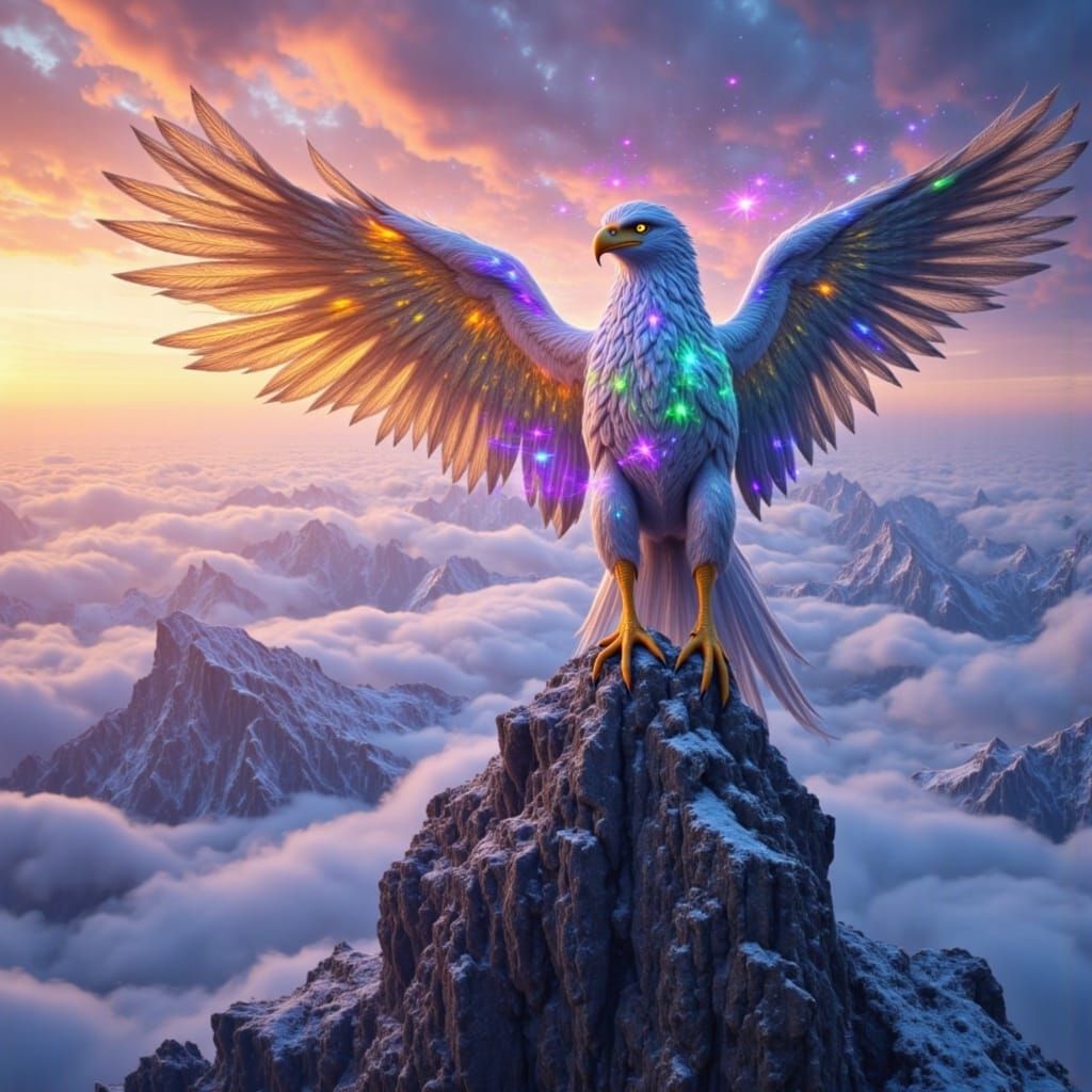 Majestic Griffin on Snow-Capped Peak at Dawn