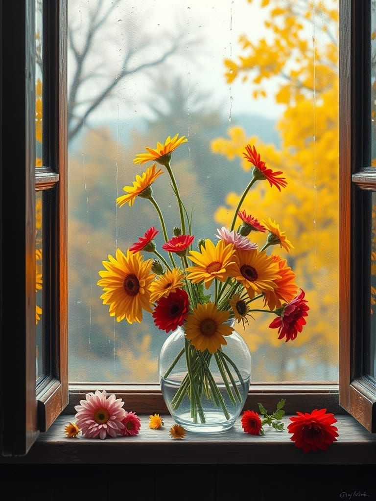 Impressionistic Window with Flowers in Soft Light
