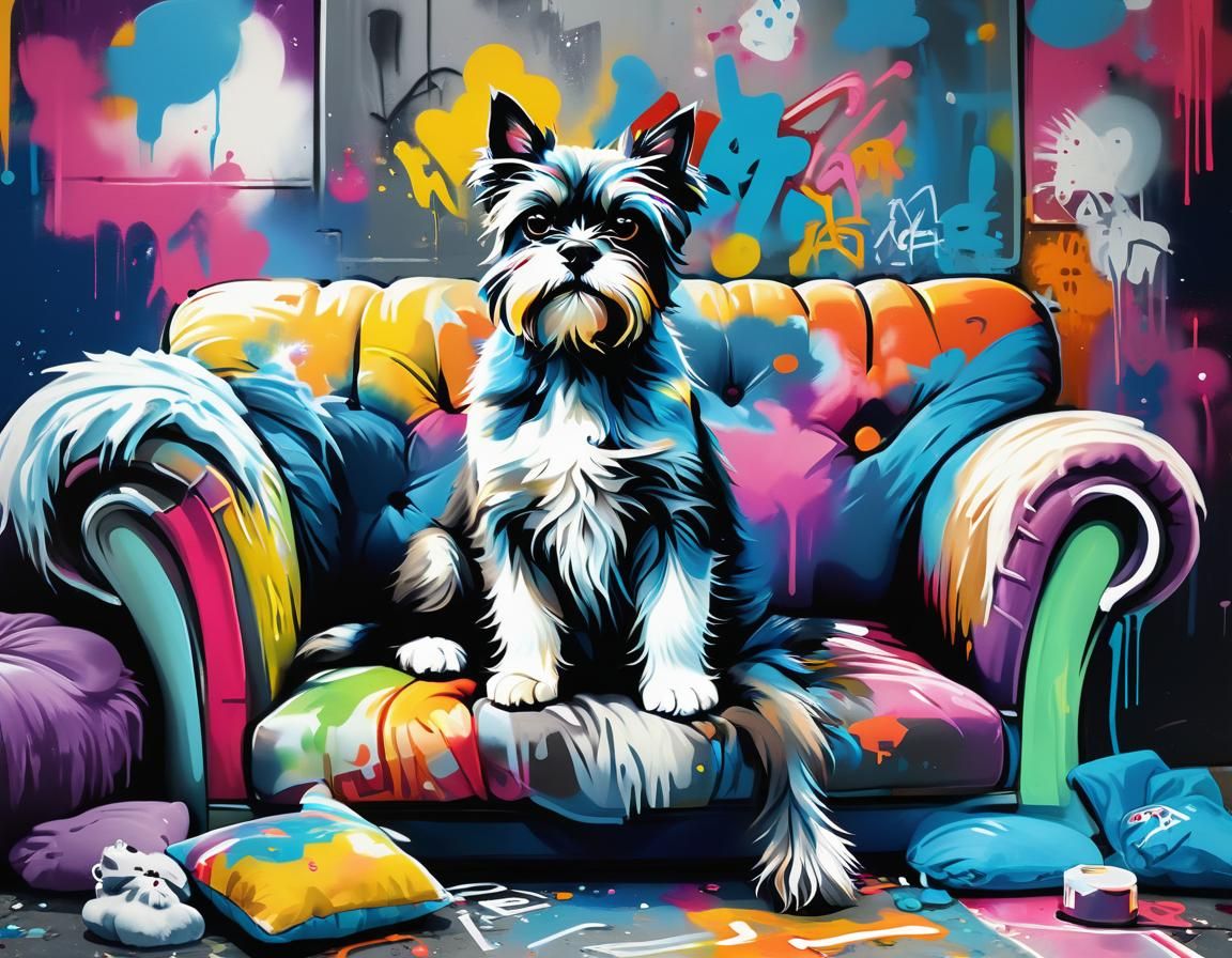Cat and Schnauzer on Sofa in Graffiti Art Style