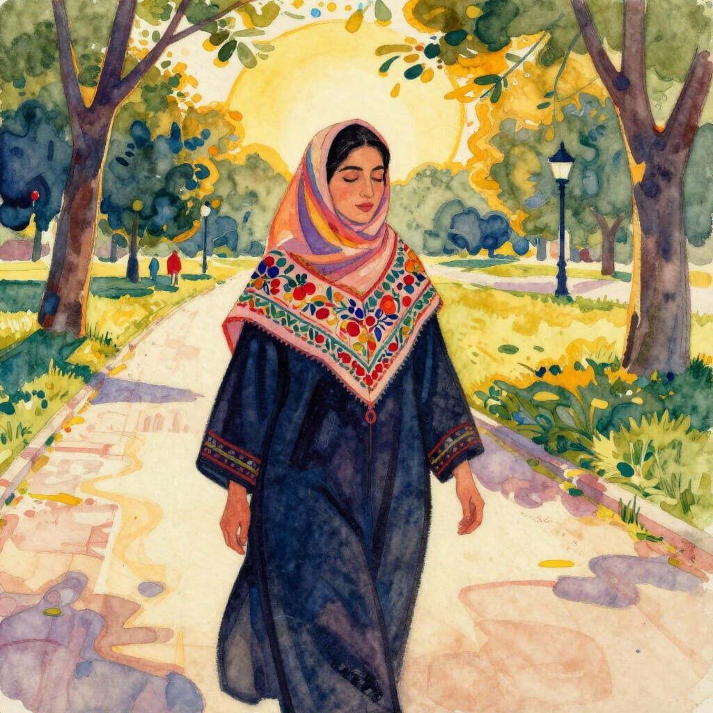 Woman in Sunlit Park, Watercolor Style