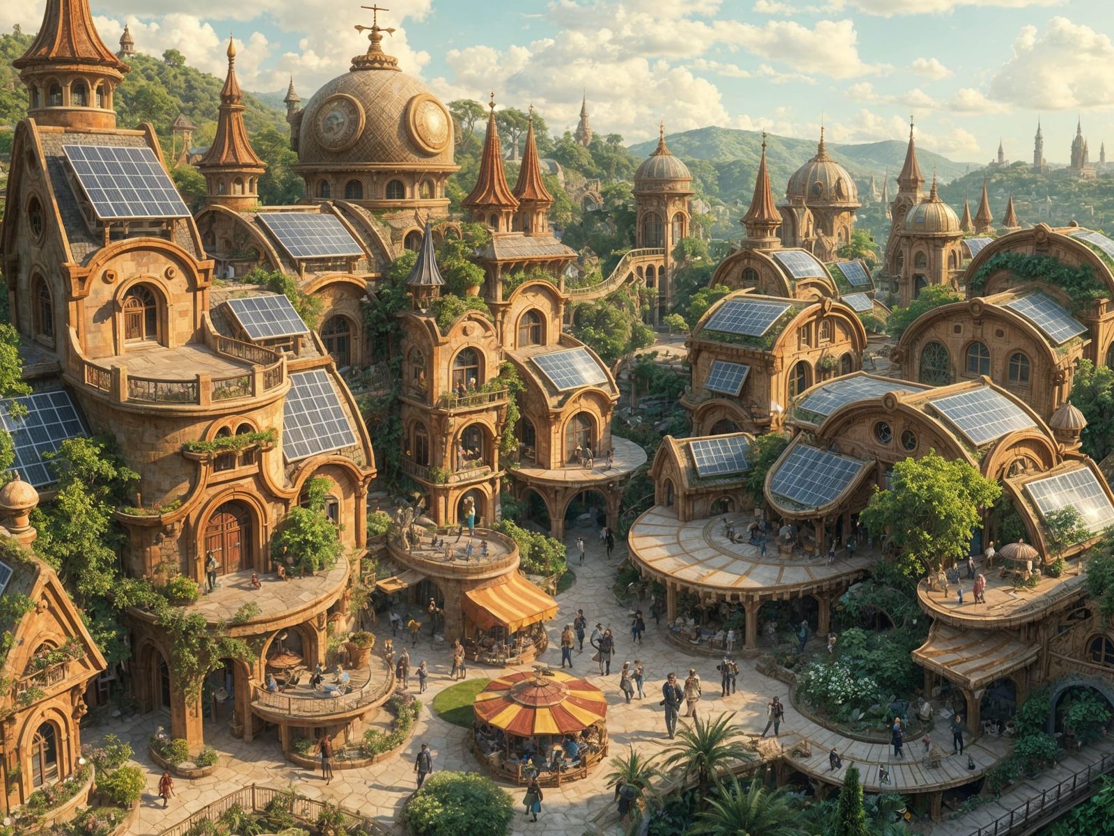 Utopian Solarpunk Village in a Futuristic Eco Haven